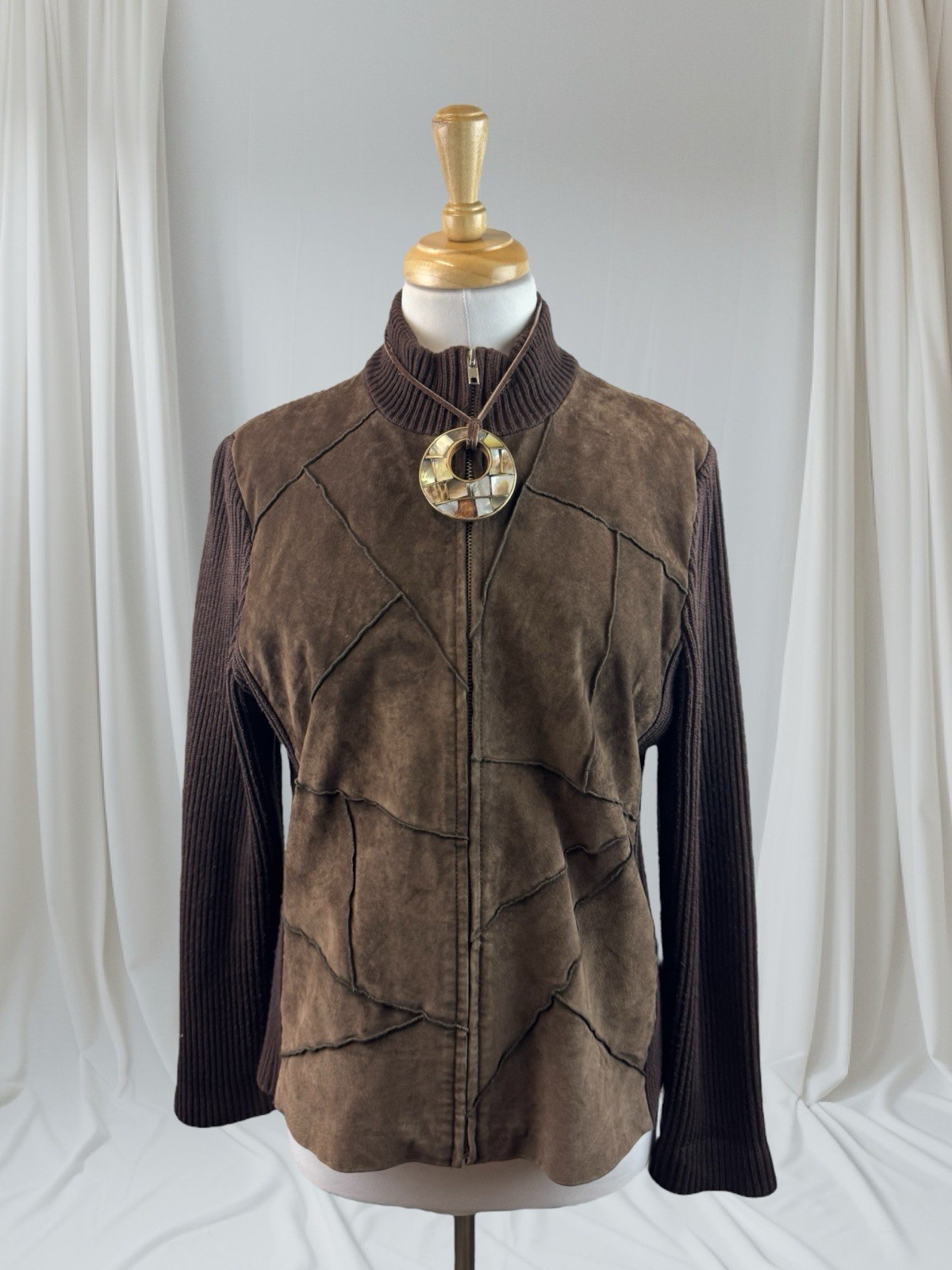 Brown Suede Patchwork Knit Zip Up Jacket Boho Gru… - image 1