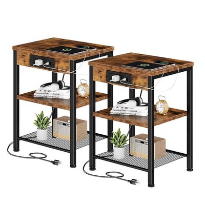 2pcs 15.7 Small Side Table Set End Table with LED Charging Station USB Port