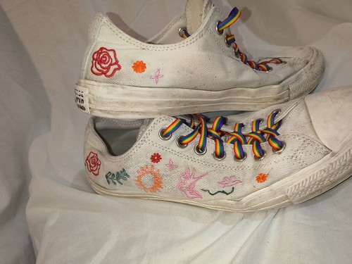 Converse All Star Low Top White Sneakers Custom Floral Embroidery Rainbow Laces