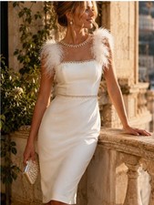 Mac Duggal 11438 White Feather Cap Sleeve Pearl Embellished midi Dress Size 4