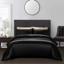 3 Piece Satin Duvet Cover Set Bedding Sets Queen Black 1800 Series Luxury Rich