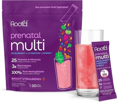 Root'd Prenatal Multivitamin Powder - 25 Vitamins & Minerals - Strawberry - 30ct