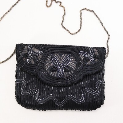 Christian Aujard Beaded Handbag S Black Silver Gray Envelope