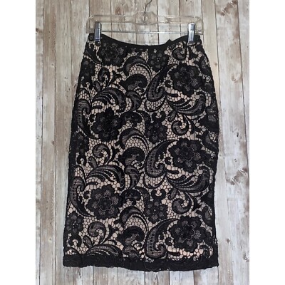 Women's H&M Black Embroidered Lace Overlay Skirt Lined Pencil Skirt Size XS 