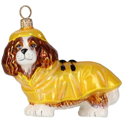Joy to the World Cavalier King Blenheim in Rain Coat Polish Glass Ornament