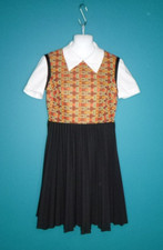 Vtg 70s Kay Windsor Poly Pleated Mini Dress Orange Black Yellow Faux Vest Sz M