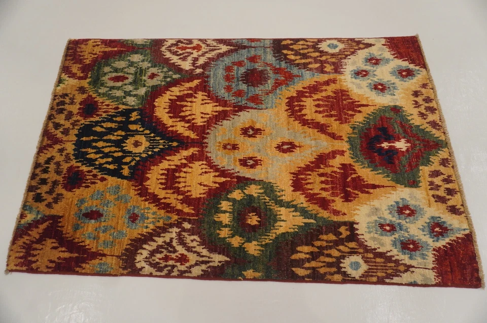 3 x 4 ft Red Multicolor Ikat Afghan Hand Knotted Area Rug - Image 4 of 4