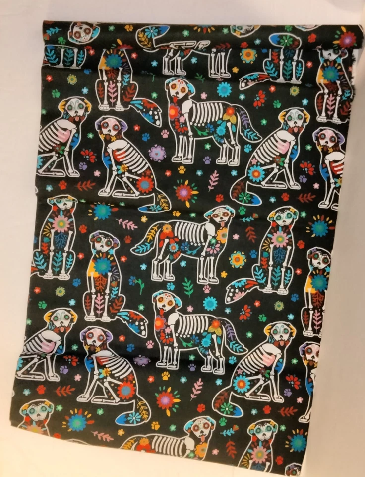 Sugar Skull & Canine Skeleton Sugar Skull Fat Quarter Fabric Squares 4 Pc Lot - Image 2 of 4