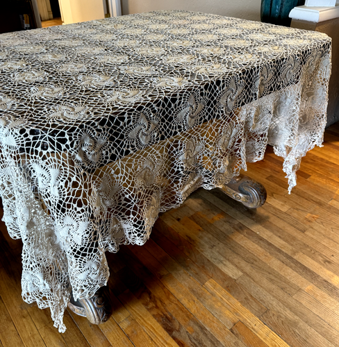 ANTIQUE VINTAGE CROCHET TABLECLOTH PINWHEEL DESIGN ECRU - Picture 3 of 4
