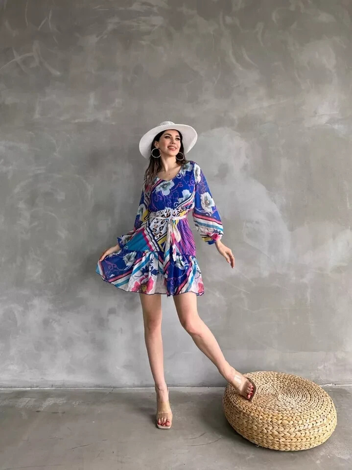 Verano Mujeres Floral Poliéster Gasa Manga Larga Vestido Solero Fiesta Informal