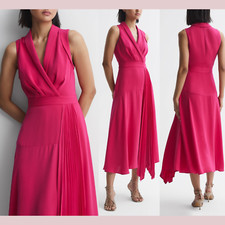 NWT $385 Reiss [ 0 US ] V Neck Claire Pleated Fitted Midi Dress in Pink #J669