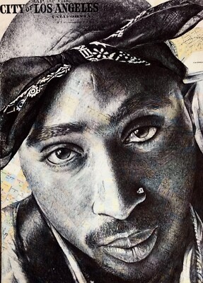 2Pac Tupac Portrait Drawing Over Map Of Los Angeles.A4 Print