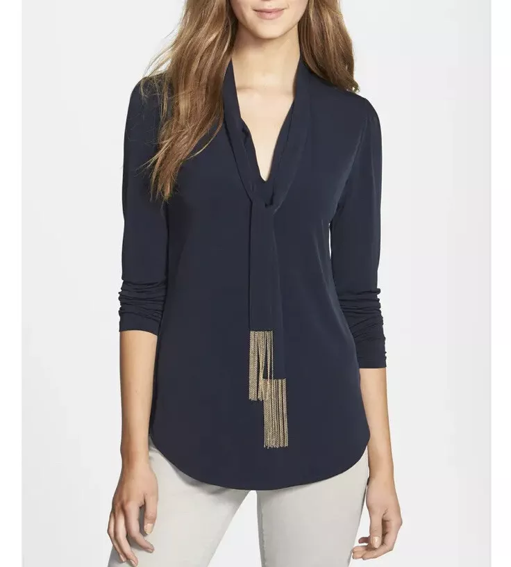 MICHAEL KORS Navy BLOUSE LONG SLEEVES WITH NECK TIE AND TASSELS eBay