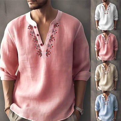 Loose Fit Herren Langarm V-Ausschnitt Button Down Hemd für Frühling und Sommer