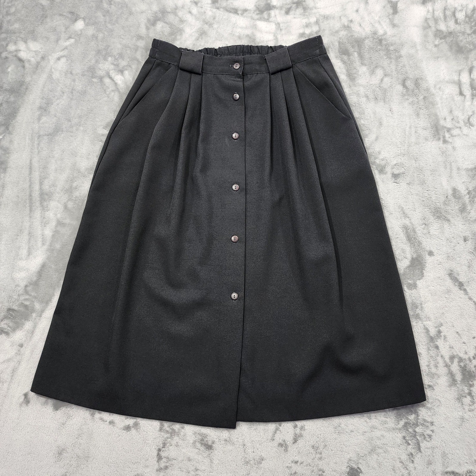 Vintage Midi Skirt Women 12 Black Button Front Elastic Waist Pleated A-Line Goth-image