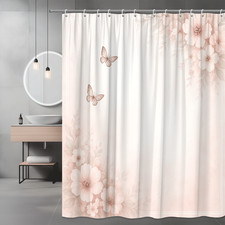 Floral Pink Shower Curtain with Butterflies for Bathroom Decor