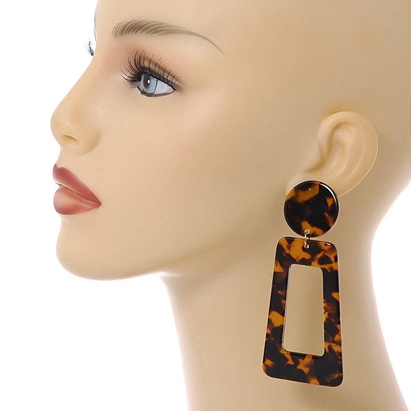 Trendy Tortoise Shell Effect Black/ Brown Geometric Acrylic Drop Earrings - - Image 4 of 4