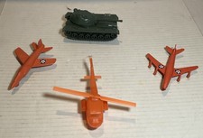 Vintage 1960's Plastic toy Military Lot, 2 Red Jets, Red Helicopter Green Tank