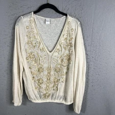 INC Beach Top Womens Large Embroidered Gold Long Sleeve Boho Fairy Feminine