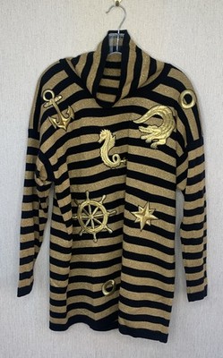 Vintage Escada Longpullover Wollmischung schwarz gold Glitzer bestickt maritim Gr. 38