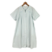 Miss Elaine Seersucker Snap Front Housecoat Women M Blue Embroidered Floral
