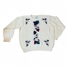 Vintage 90  s Cottagecore Grandma cable knit sweater embroidered floral Large