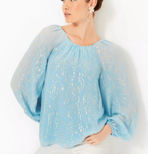 Lilly Pulitzer Noraleen Bonaire blue fish silk clip dot blouse size small