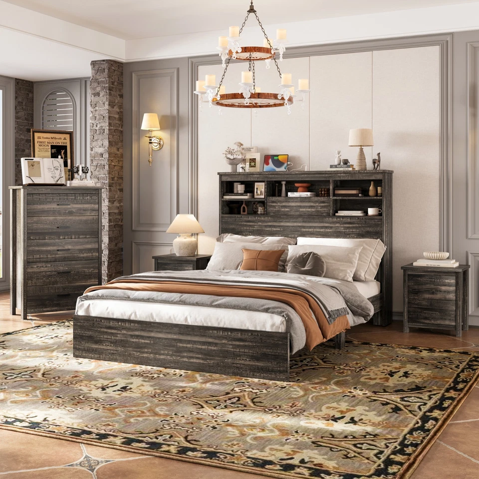 4-Pieces Bedroom Sets Queen Size Bed Frame with 2 Nightstands and 1 Dresser - Image 2 of 4