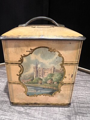 1960s Vintage Tea/Candy Tin Medieval Castle Scenes Square w/ handle 
