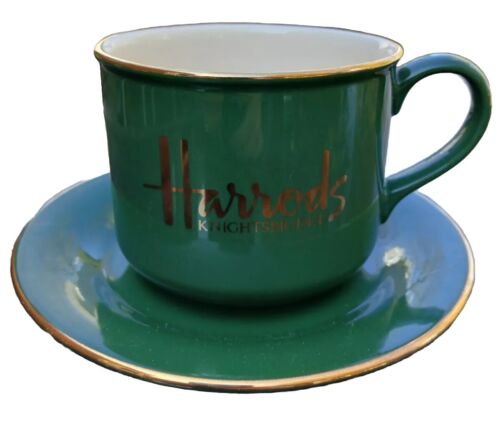 Ensemble tasse à thé et soucoupes vintage Harrods Knightsbridge VERT fabriqué en Angleterre or neuf avec étiquettes - Photo 1/4