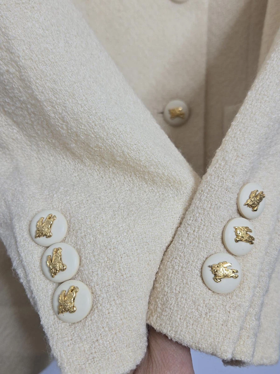 Blazer Burberry London Tweed Mujer 10 Doble Pecho Lana Crema Logo Chaqueta