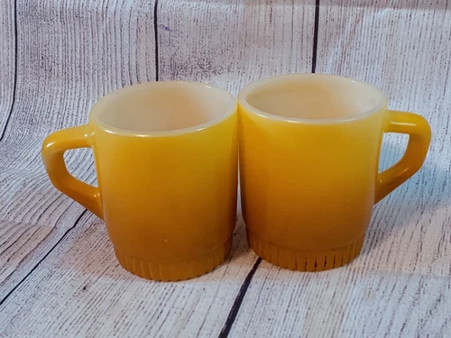 Fire King Anchor Hocking Glass Ombre Orange Yellow Stacking Coffee Mug Set Of 2