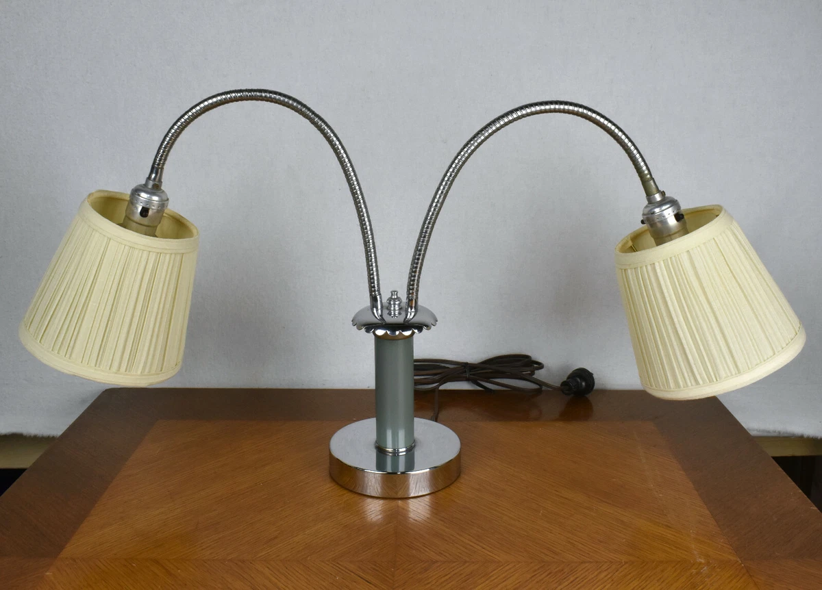 Vintage Double Gooseneck Desk Lamp with Decorative Teal Green and Chrome Base