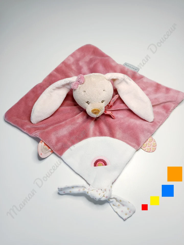 Doudou Plat Pauline Lapin Veloudoux Rose Blanc Arc En Ciel Attache Tétine Nattou - Photo 4/4