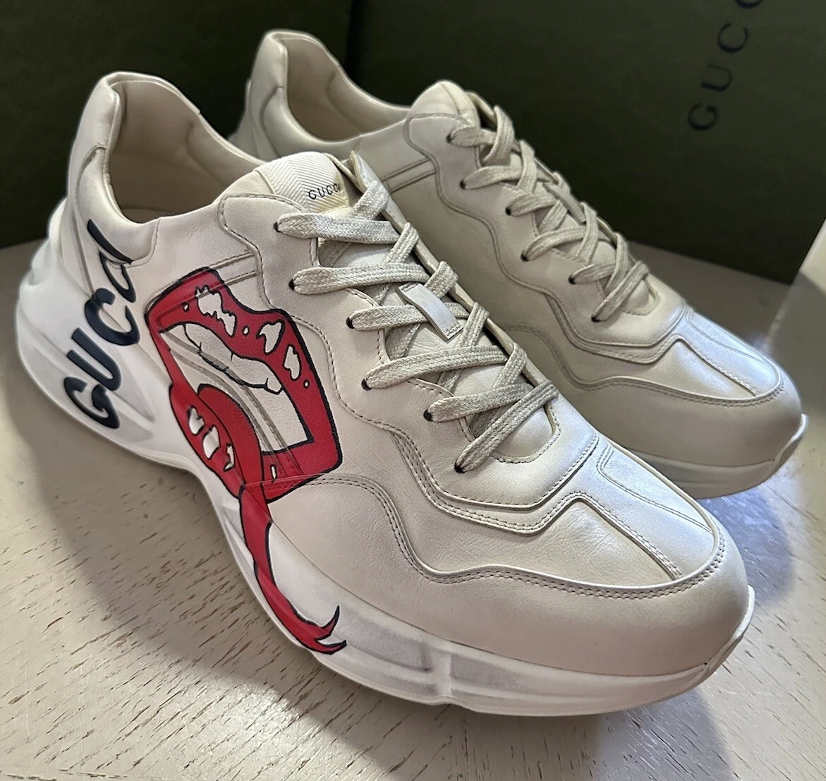 Baskets neuves Gucci hommes cuir rython bouche sale ivoire 15 États Unis/14 Royaume Uni 552089