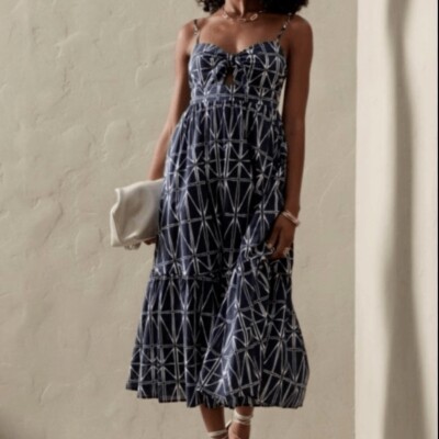 Banana Republic Midi Cami Dress Women s Small White Boho Smocked Blue & White