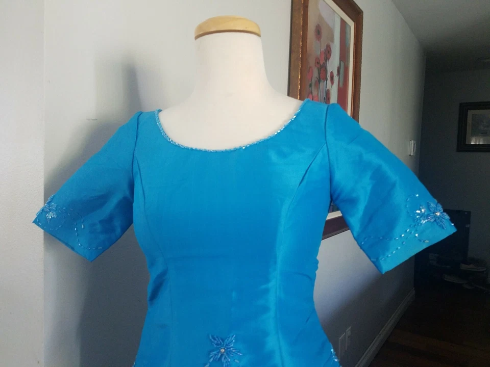 Vestido camboyano para mujer azul cielo Pa'moung/100 % seda dos piezas tubo talla. S Foto 3 de 4