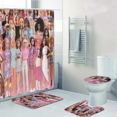 Rare! Barbie Fashion Dolls Print Shower Curtain Bath Mat Toilet