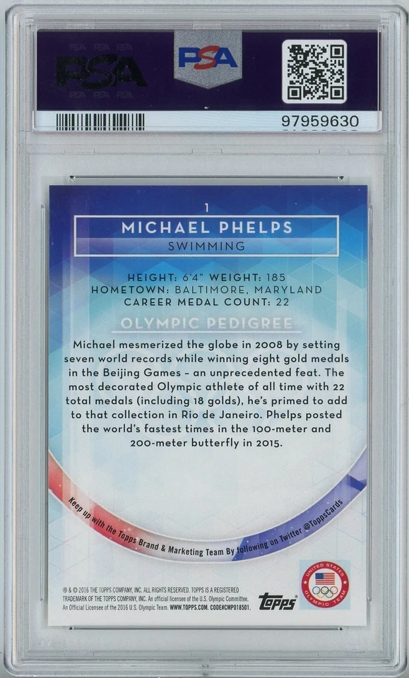 2016 Topps Juegos Olímpicos de Estados Unidos 1 Michael Phelps medalla de plata PSA 10 gemas como nuevo POP 15 Foto 2 de 2