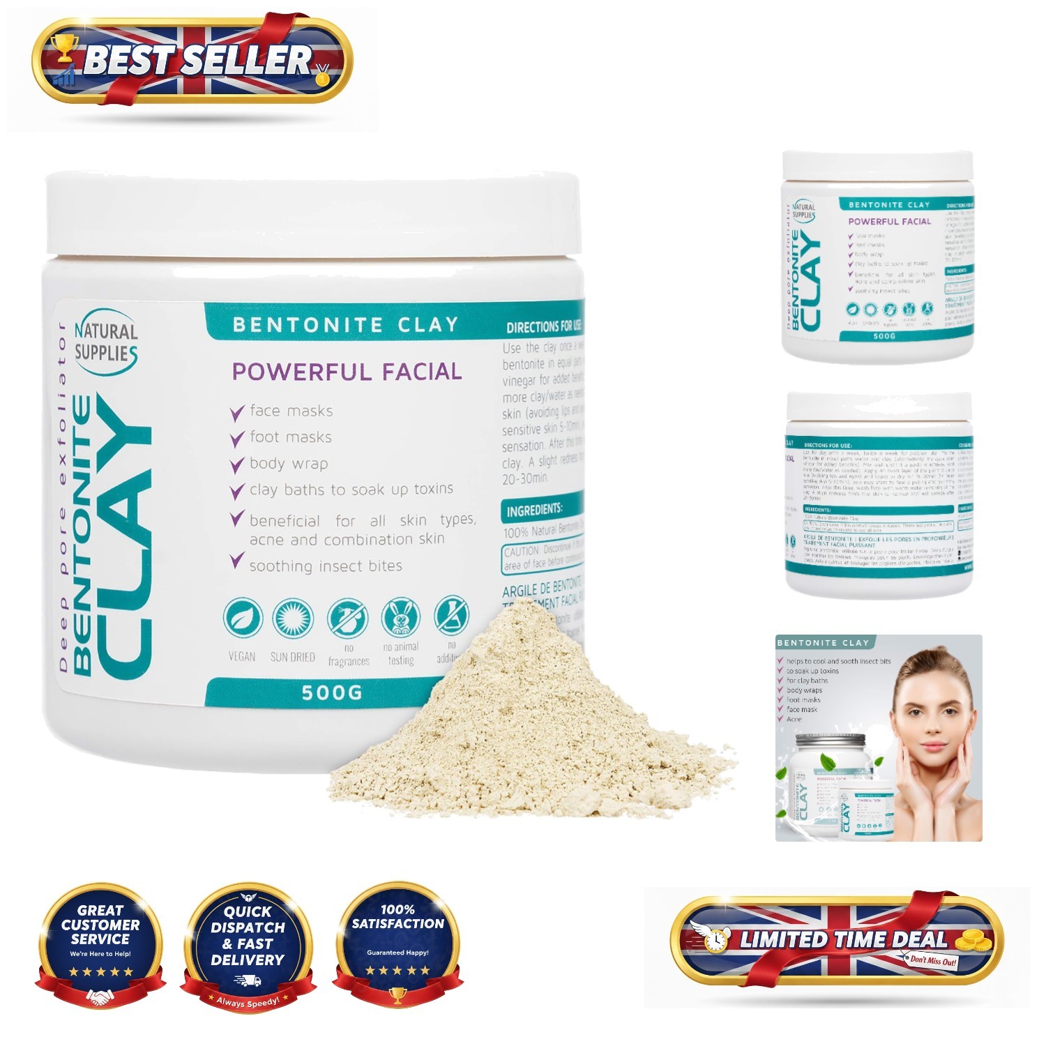500g Bentonite Clay - Unscented Deep Cleansing Mask for Clear, Acne-Prone Skin