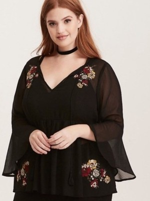 Torrid Black Sheer Chiffon Floral Embroidered Peasant Top | Women's 2X