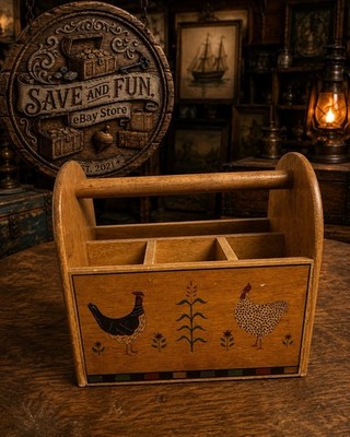 VINTAGE ANTIQUE Hand-Painted Wooden Country Rooster Caddy Organizer