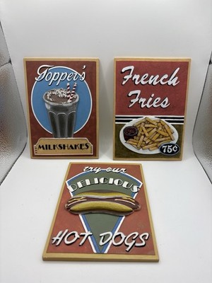 Vtg Retro 3D Diner Wall Plaques Lot of 3 Milkshakes French Fries Hot Dogs Decor