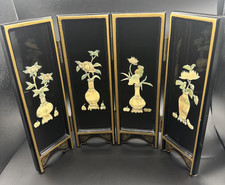 Ancien écran de table laqué asiatique 4 panneaux nacre coquille art floral