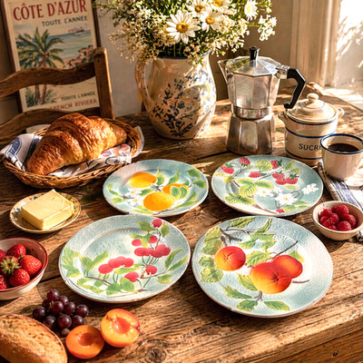 Vintage St Clement Barbotine Majolika Teller Set 4 Früchte 22 cm um 1970