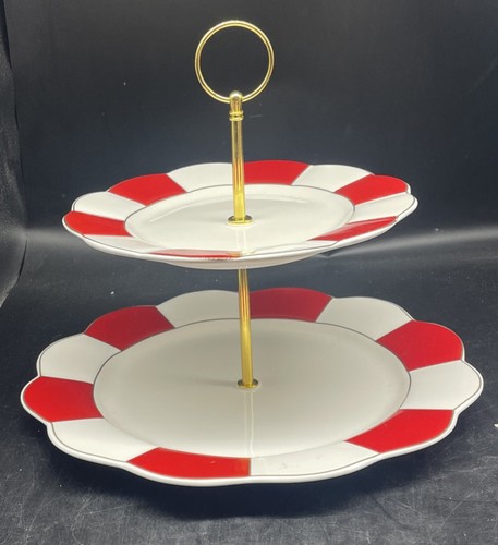 Grace Teaware Red Scallop Two-Tiered Tidbit Serving Tray