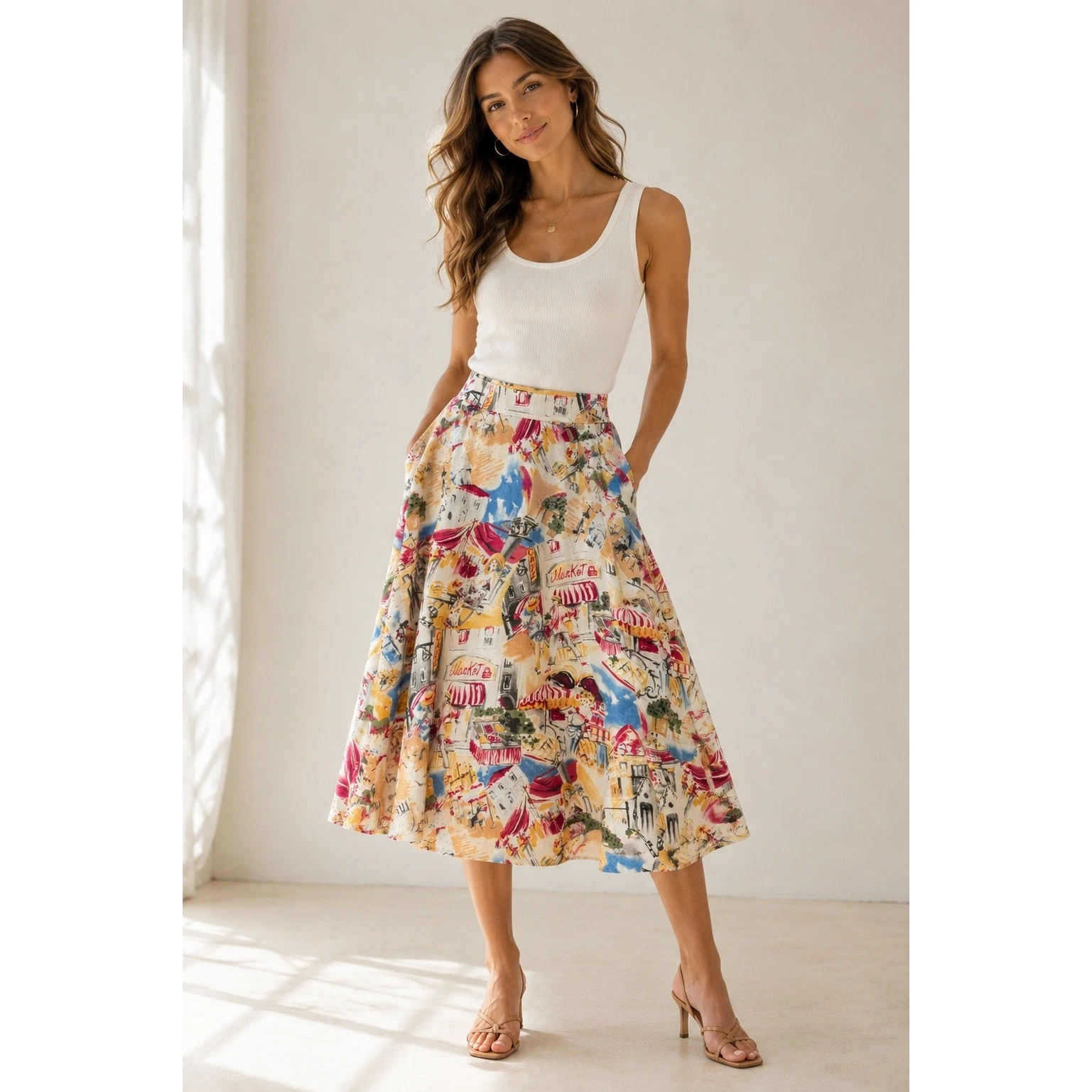 European Market Print A-Line Skirt Cottagecore Parisian Travel Linen Blend