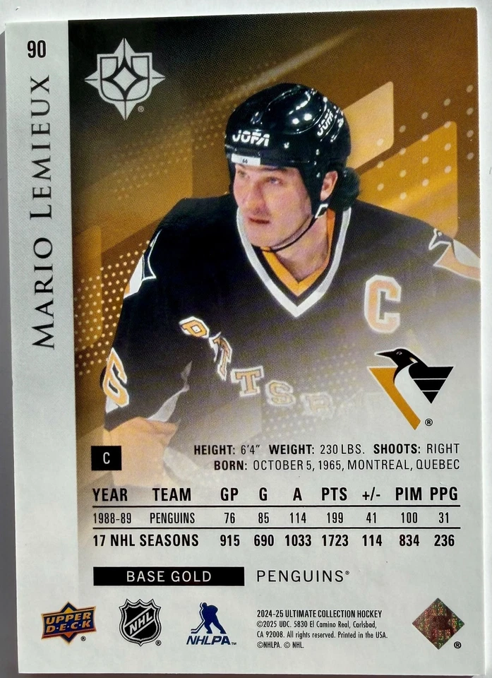 2024-25 Upper Deck Ultimate Collection Hockey #90 Gold Mario Lemieux /99 - Image 2 of 2