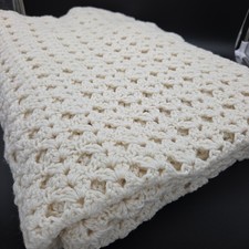 Vintage Cream Crochet Afghan Blanket 60x80 Oversized Acrylic Throw Farmhouse