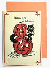 Halloween Card Retro Old-Time Style Pumpkin & Cat Made In USA Hallmark